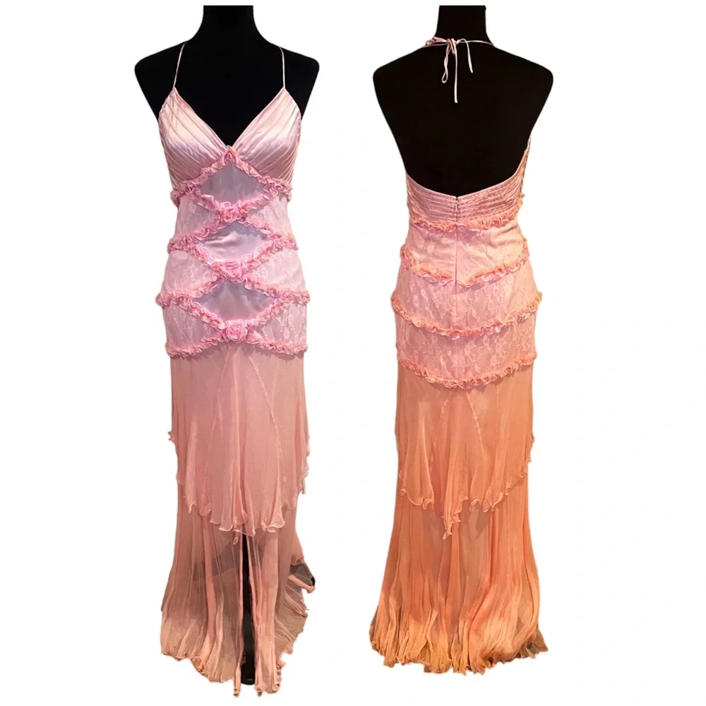 NWT CASSANDRA STONE SILK PINK DRESS W/ LACE OVERLAY DETAILS & BEADS HALTER TOP - Picture 1 of 11